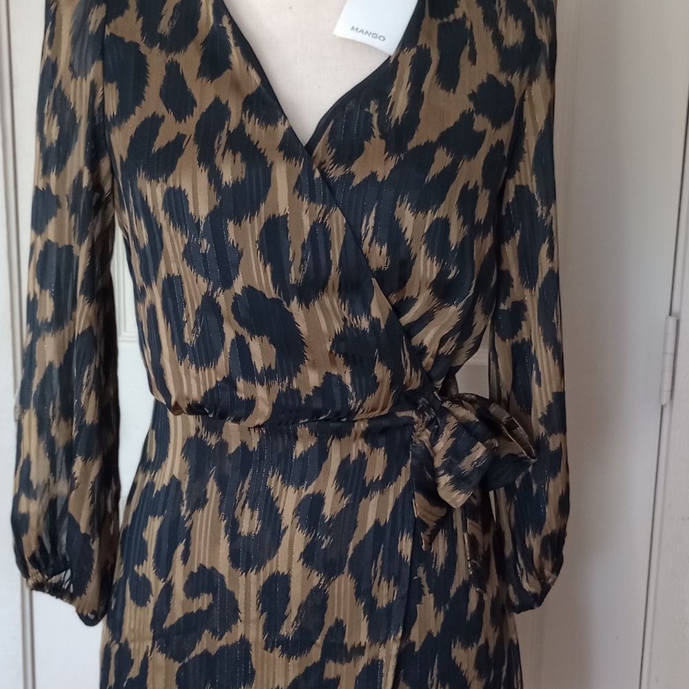 Mango Black and Brown Animal Print Long Sleeve Dress